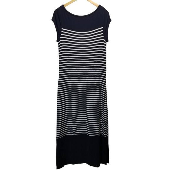 Talbots Maxi Dress Medium Short Sleeve Navy Blue White Strip Knit Tie Waist - Picture 3 of 6
